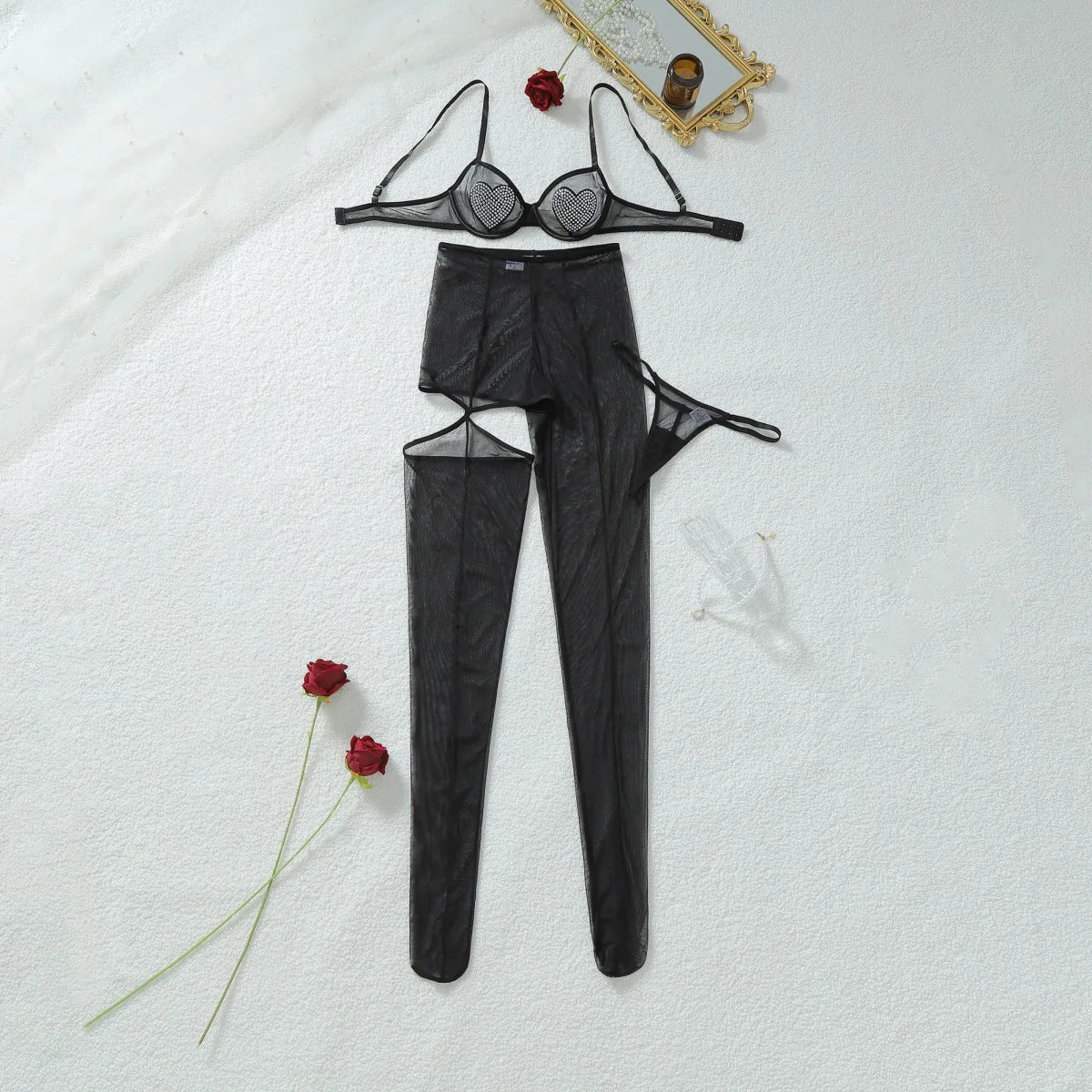 Heart Rhinestone Cut-Out Legging Lingerie