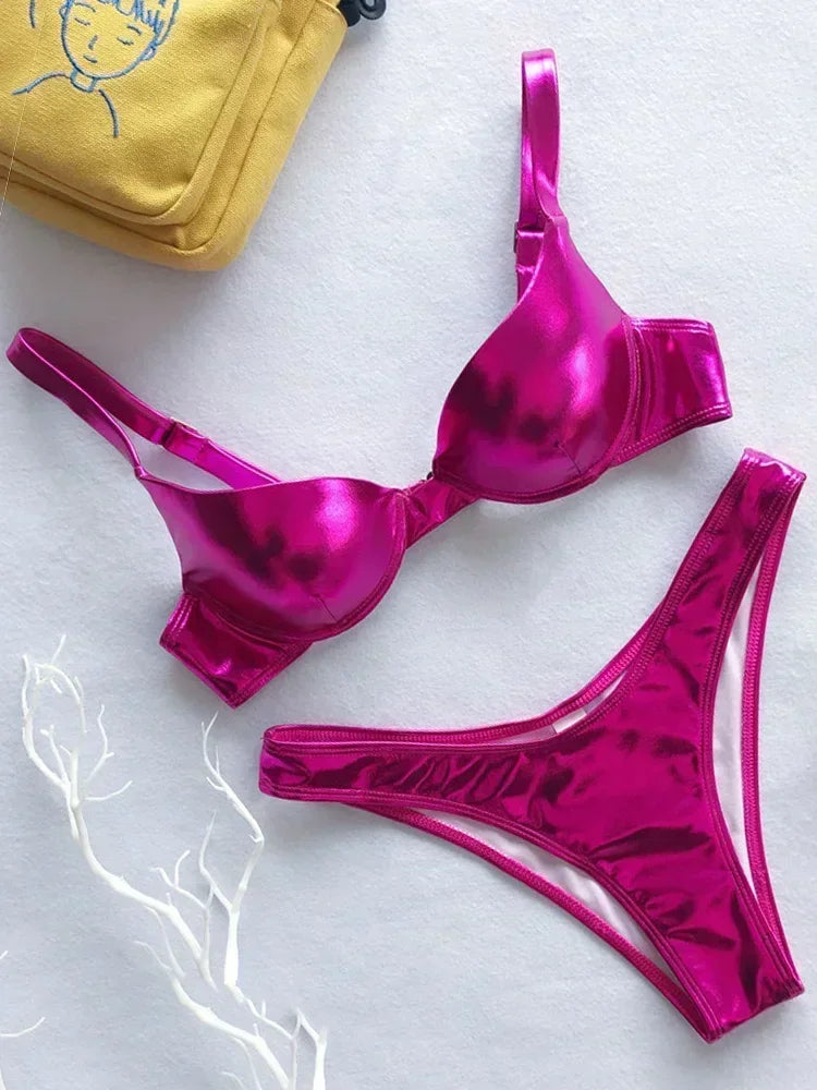 Shiny Faux Leather Underwired Bikini