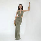 Backless Deep-V Metal Ring Maxi Dress