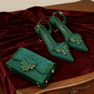Rhinestone Matching Clutch Pointed-Toe Slingback Set