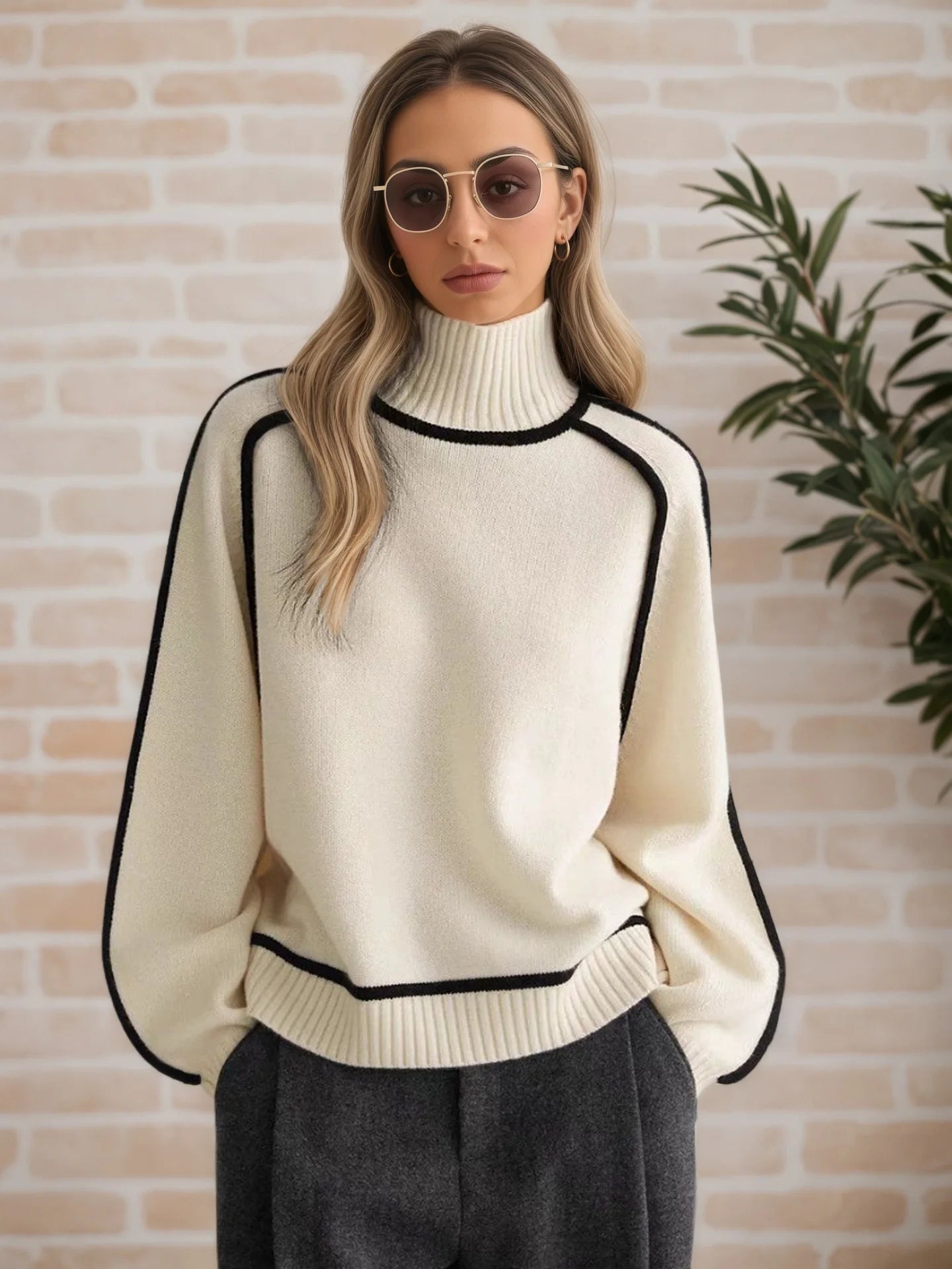 Black Lined Pullover Soft Sweater