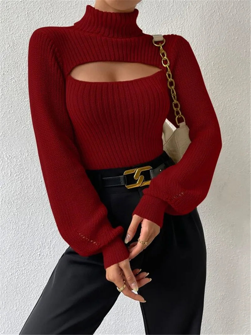 Hollow Front Style Turtleneck Sweater