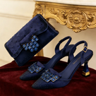 Rhinestone Matching Clutch Pointed-Toe Slingback Set