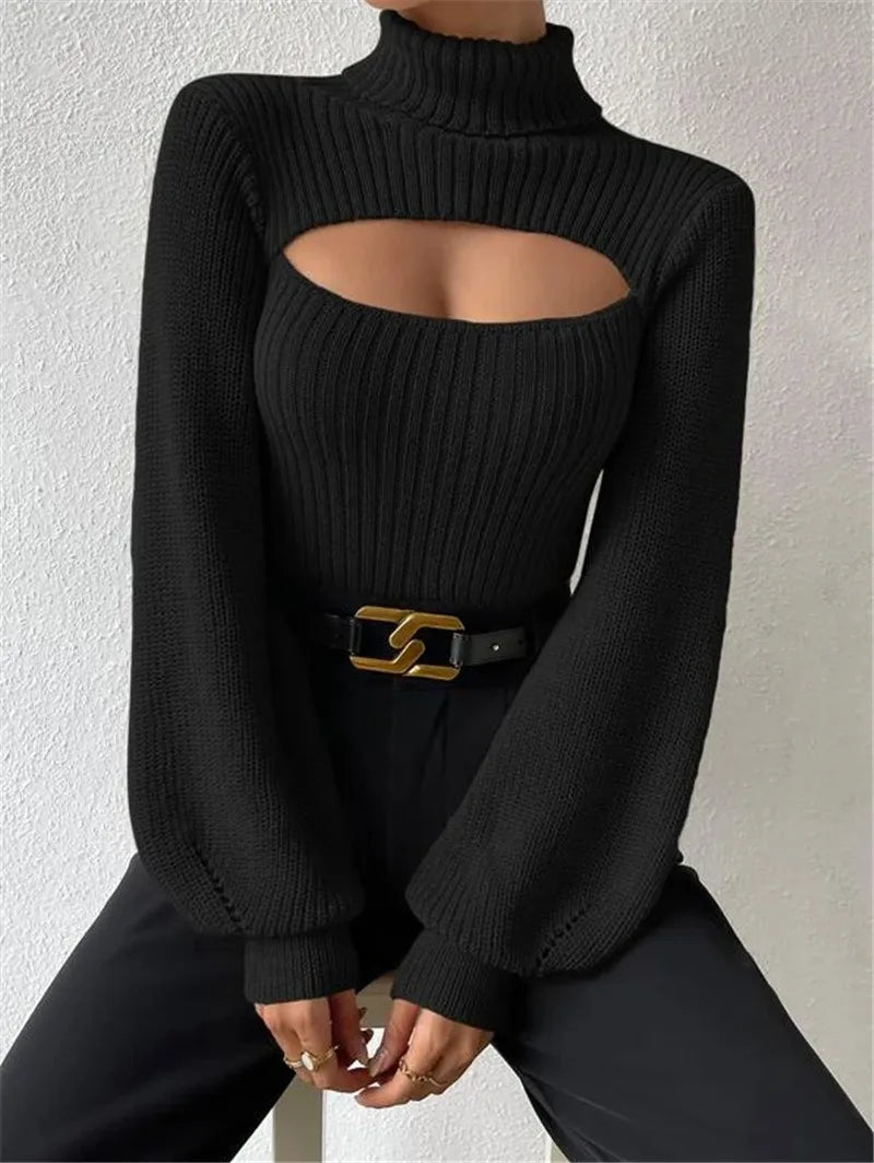 Hollow Front Style Turtleneck Sweater