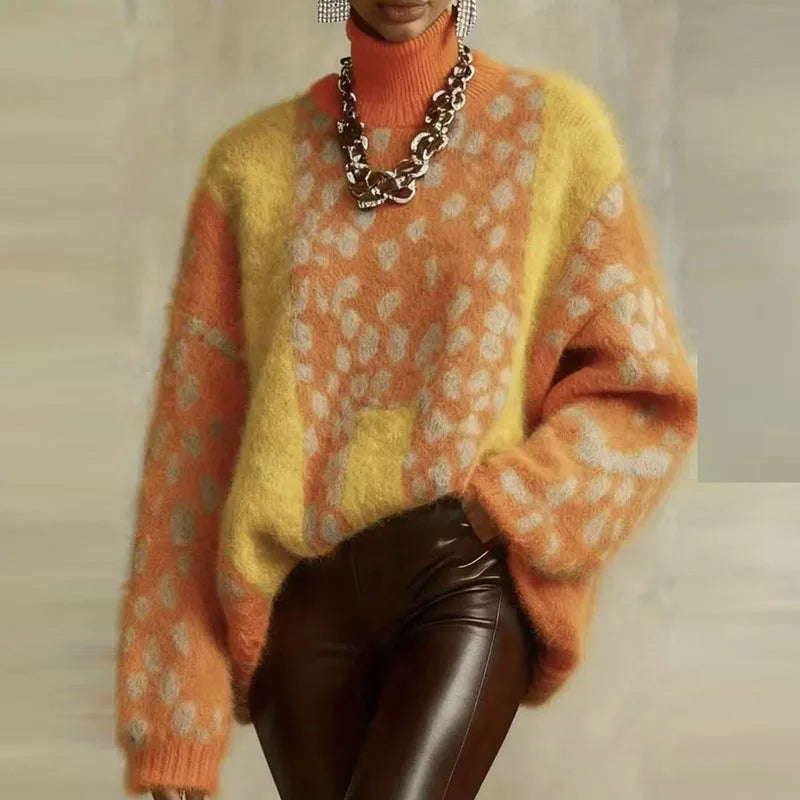 Patchwork Leopard Turtleneck Sweater