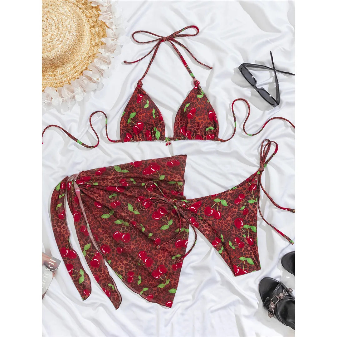 Floral Leopard Three-piece Bikini