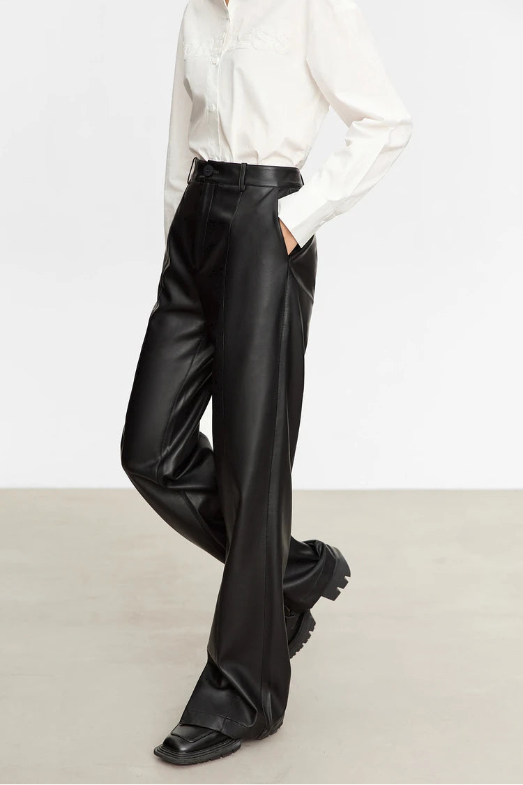 Minimalist Solid Leather Straight Fit Pants