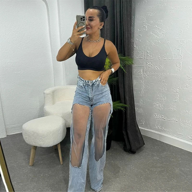 Sheer Mesh Knee Panels Jeans