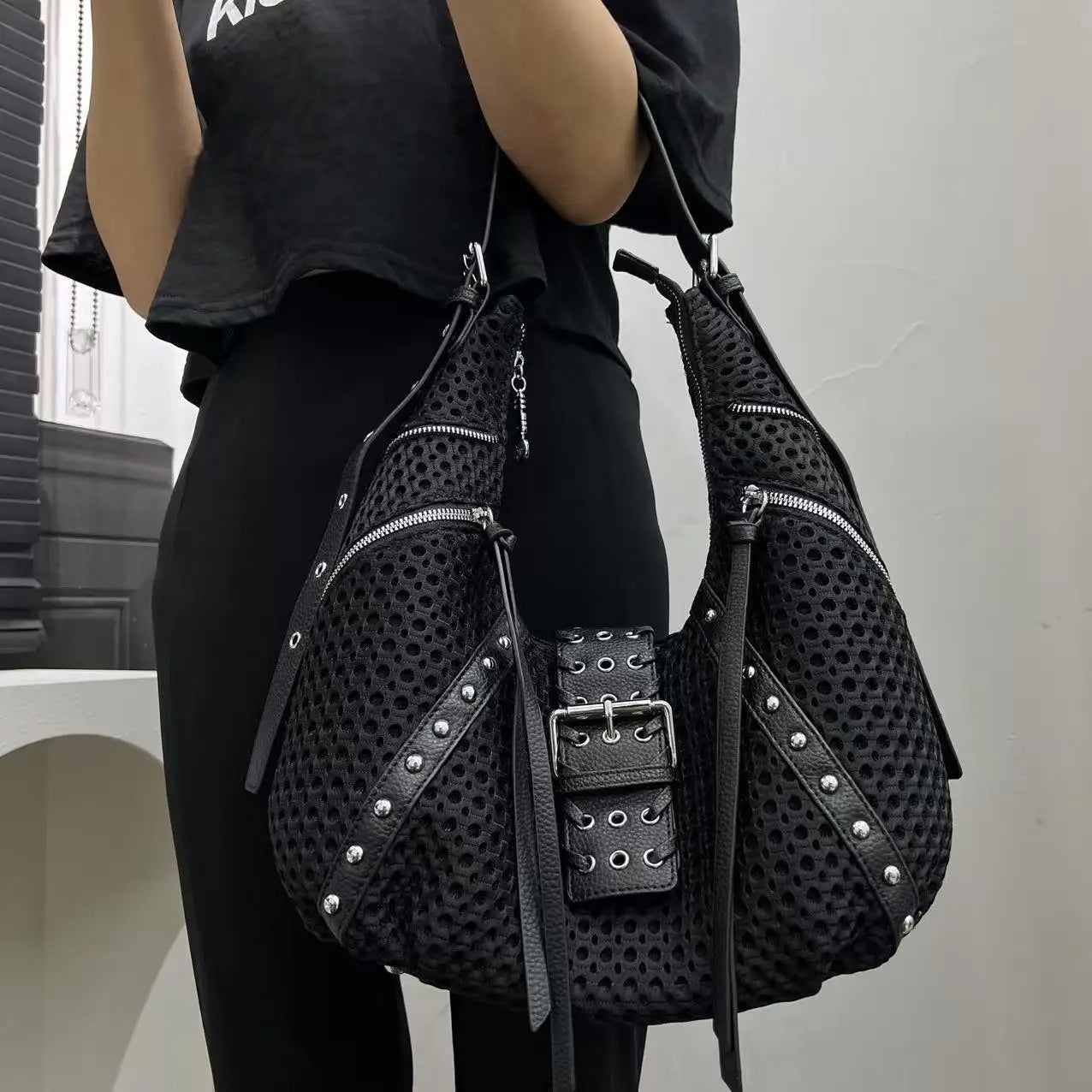 Y2K Rivet Black Mesh Shoulder Bag