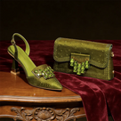 Rhinestone Matching Clutch Pointed-Toe Slingback Set