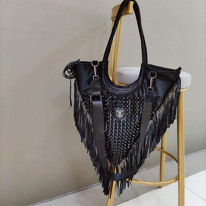 Black Tassels Rivet Triangle Shoulder Bag