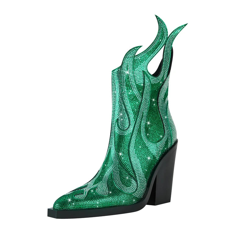 Flaming Rhinestone Pointed Toe Boots