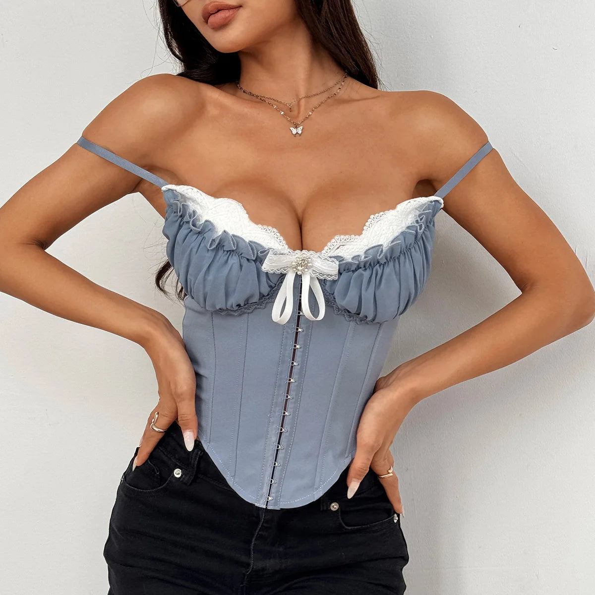 Patchwork Pleated Bowknot Bustier