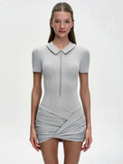 Solid Ruched Polo Collar Mini Dress
