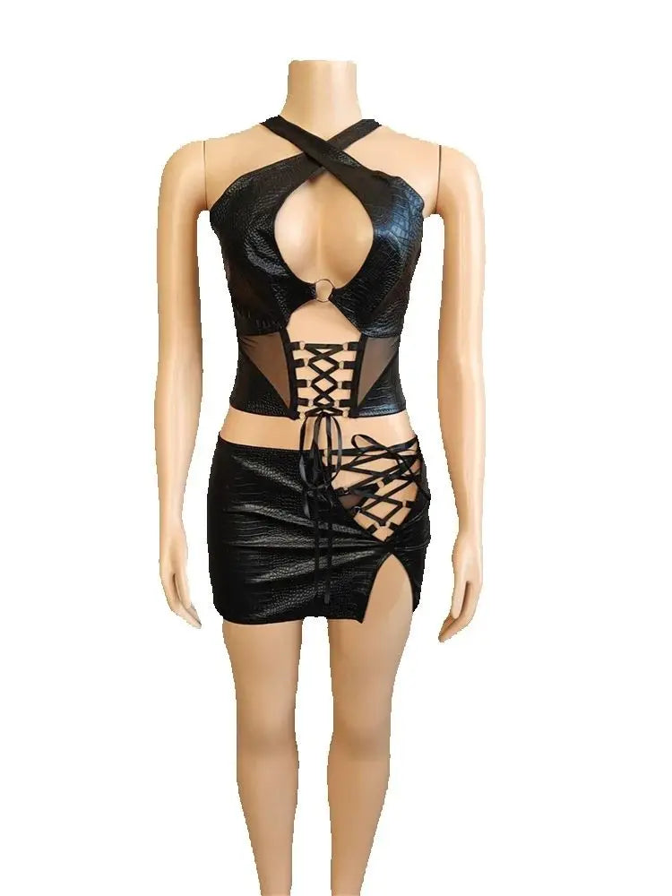 Halter Hollow Backless Irregular Skirt Set