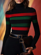 Red and Green Striped Turtleneck Knit Top