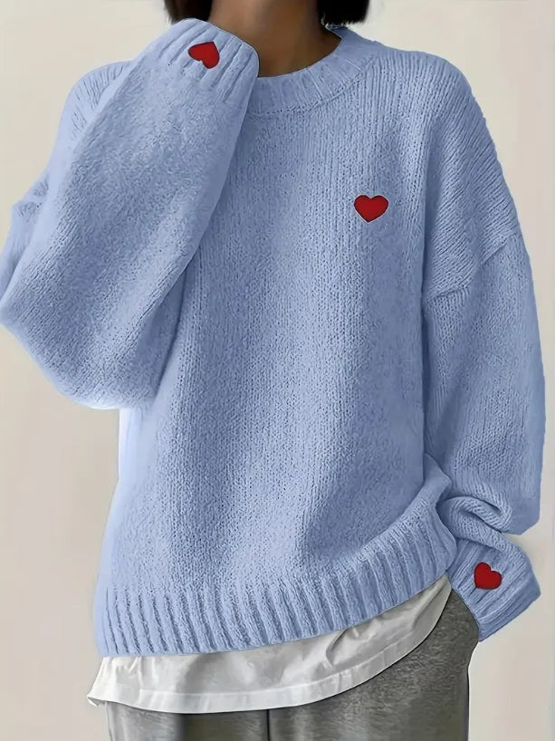 Red Heart Embroidery Knitted Sweater