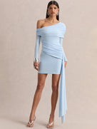 Diagonal Collar Draped Ruched Mini Dress