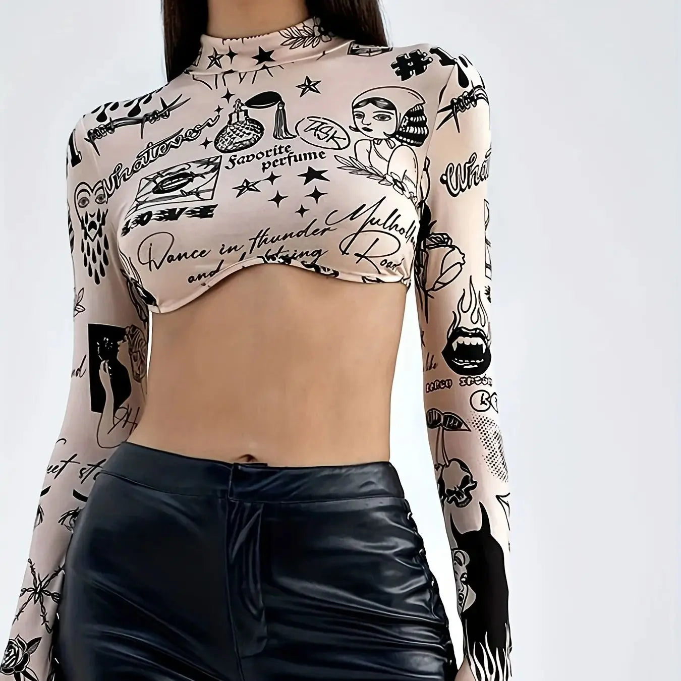 Printed Pattern Long Sleeve Crop Top