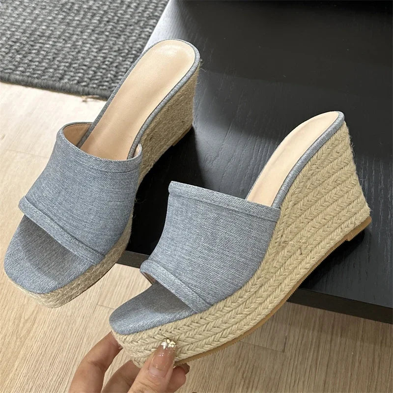 Rattan Weave Platform Wedges Sandals