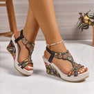 Beaded T-Strap Floral Wedges Sandals