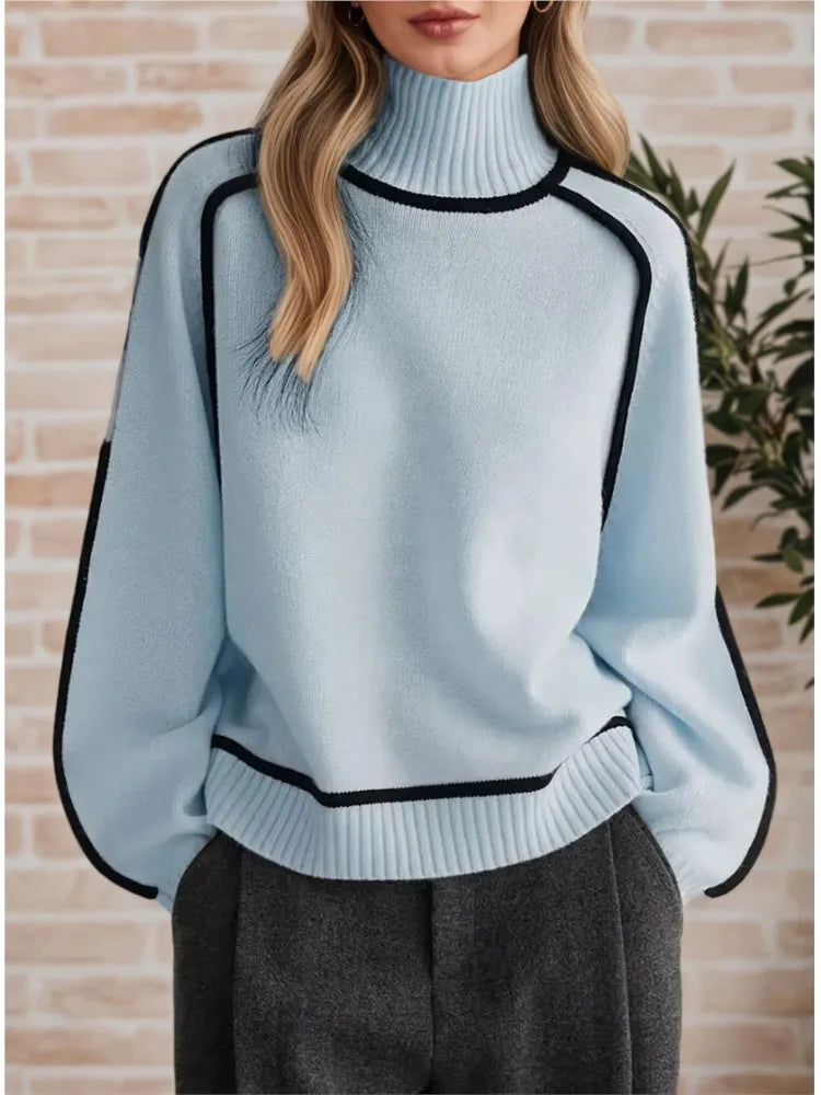 Three-Dimensional Striped Turtleneck Sweater