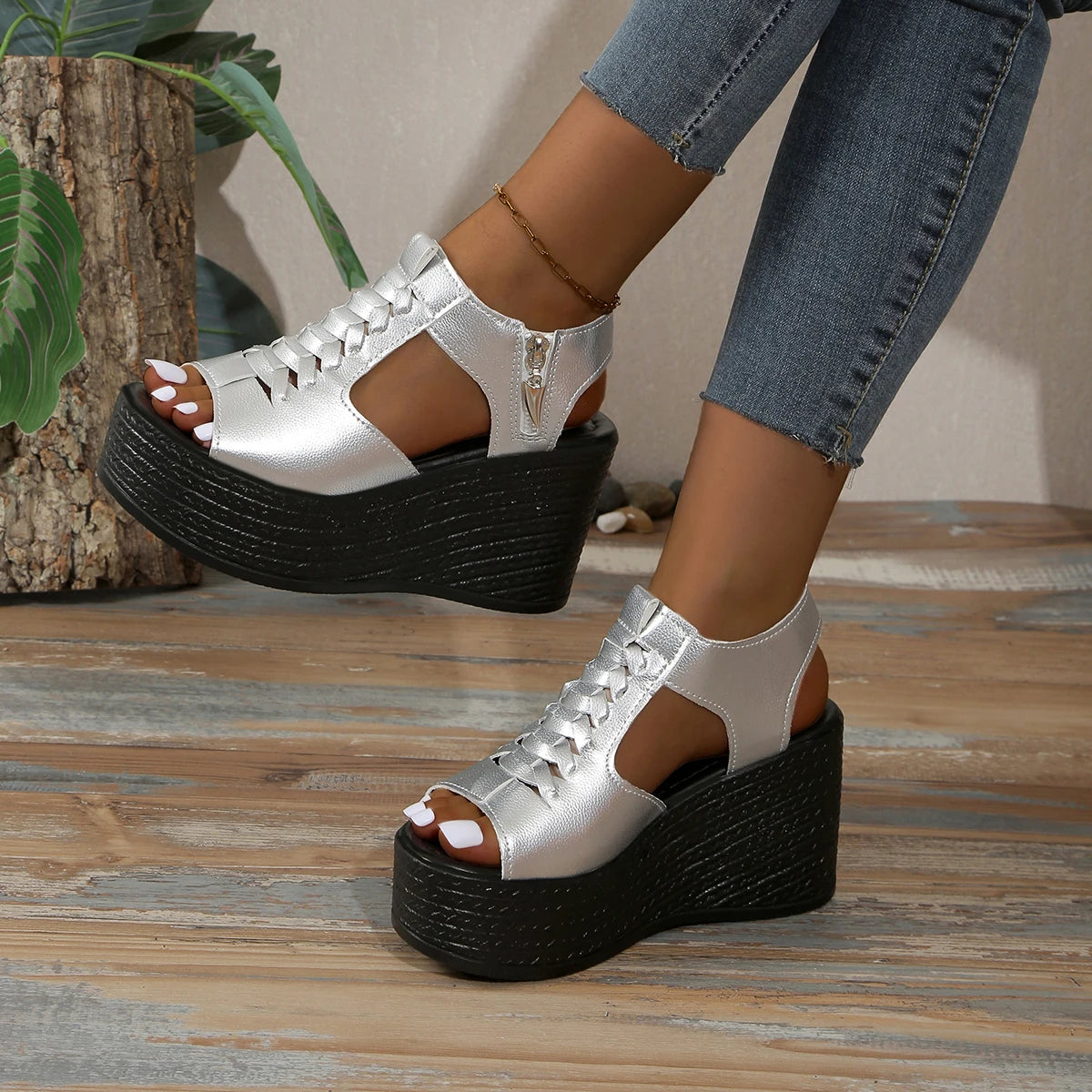 Zipper Leather Wedges Platform Sandals