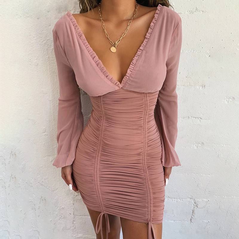 Chiffon Elastic Long Sleeve V- Neck Women Bodycon Mini Dress – Maimoco