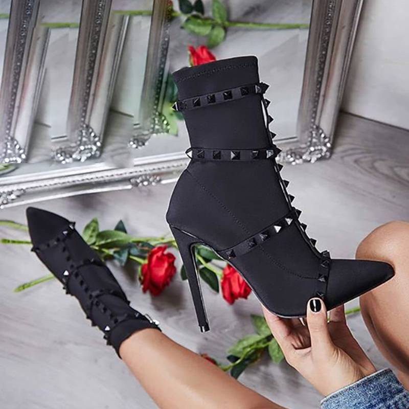 Luxury Rivet Silk Satin Thin High Heels Women Ankle Boots – Maimoco