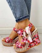 Bohemian Floral Ankle Strap Heeled Wedges