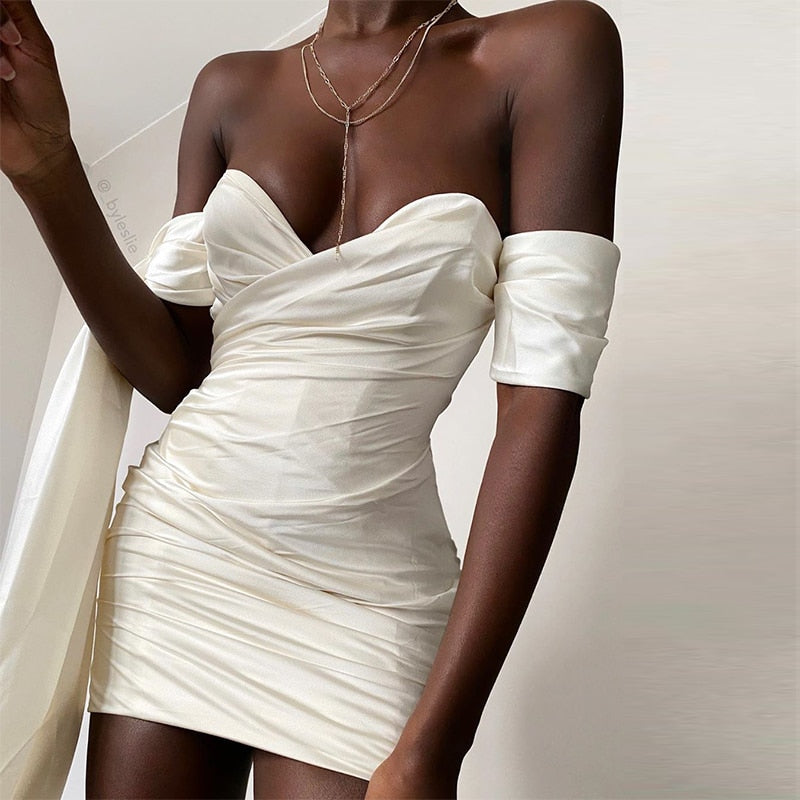 Low Cut Satin Sleeveless Off Shoulder Women Dress – Maimoco