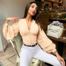 Streetwear Soild Button V-Neck Latern Sleeve Women Blouses
