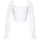 French White Off Shoulder Hollow Out Puff Sleeve Women Crop Top