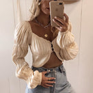 Off Shoulder Fashion Button Lantern Sleeve Ruched Women Blouse