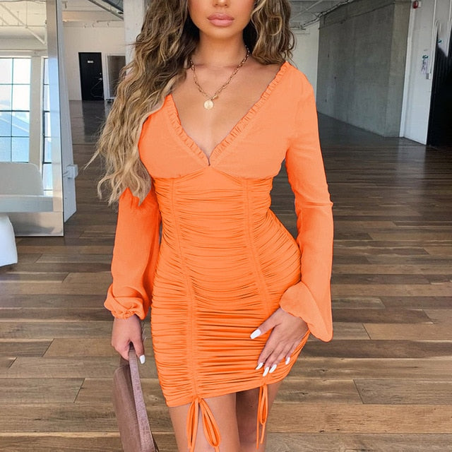 Chiffon Elastic Long Sleeve V- Neck Women Bodycon Mini Dress – Maimoco