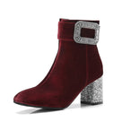 Flock Rhinestone Buckle with Zipper Chunky Heels